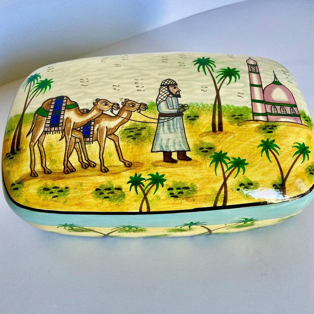 Vintage Lacquerware Box Lid Wood with Hand Painted Camel & Trees